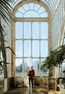 Person stepping out of a glasshouse in Kew Gardens. © Eleanor Brooke