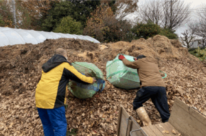Collecting fallen leaves for composting. © Akiko Iida